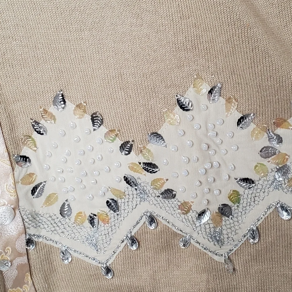 Storybook Knits Stunning Silver Cardigan Sweater, Silver and Gold Leaves Sz LG - Picture 9 of 13